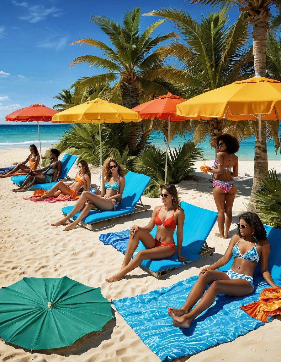 A sunny beach scene featuring diverse individuals enjoying a vibrant beach lifestyle, showcasing stylish swimsuits, flowing resort wear, and fashionable beach accessories. Include elements like palm trees, beach umbrellas, and colorful towels, capturing a sense of relaxation and joy in the summer sun. The atmosphere should radiate a lively and carefree spirit. super-realistic. vibrant colors. tropical setting.